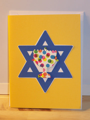 yellow Hanukkah card w/blue star & colorful 3-D menorah