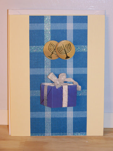 Blue Plaid Stripe Present With Menorah Hanukkah Card